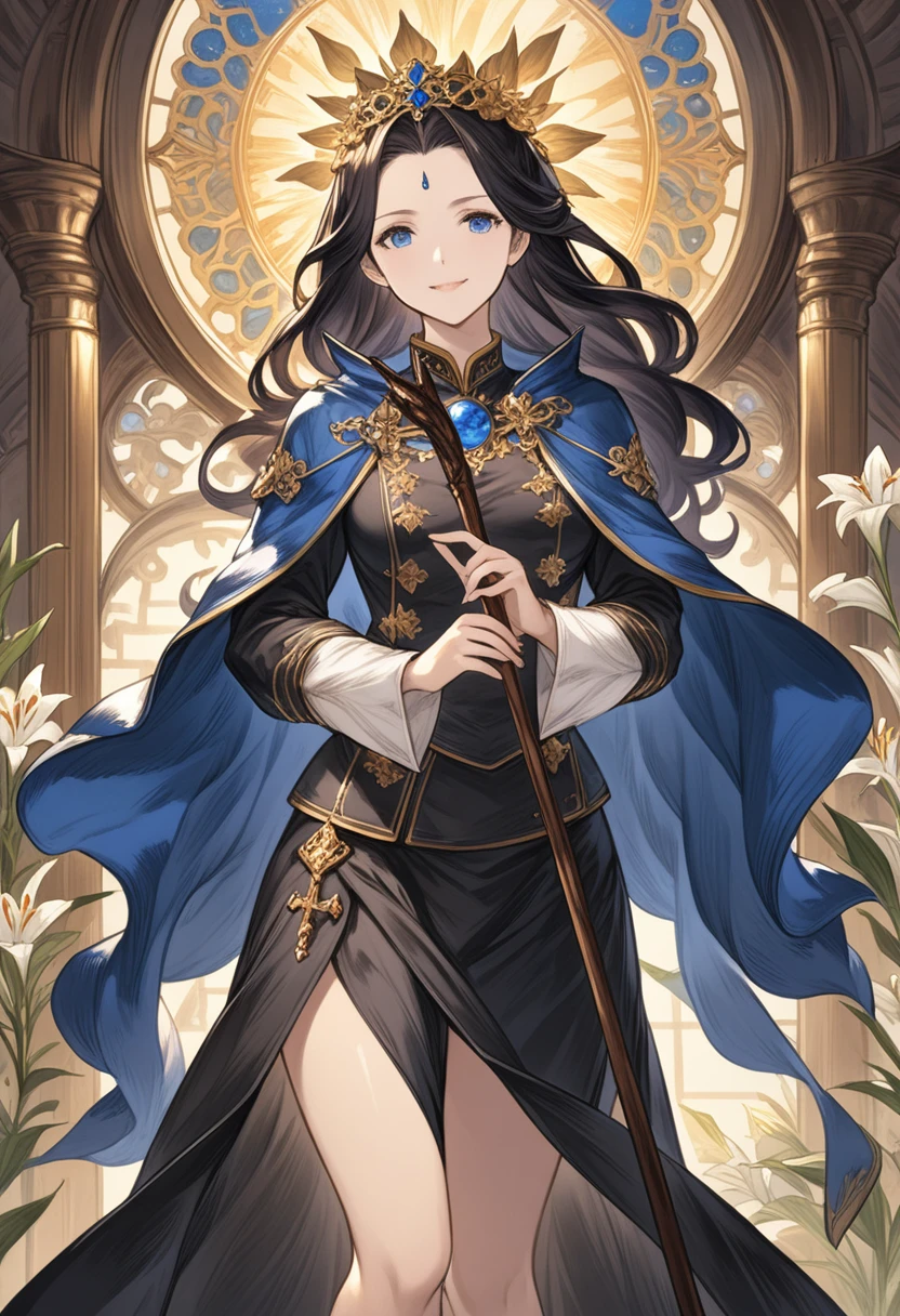Grandblue_Fantasy_style_Xl, Grandblue,(Golden Ratio:1.2),(masterpiece、最high quality、high quality)、((((dramatic)))、(((beautiful))) Black-haired woman、Wavy long hair、Pretty woman、、Hated、Black skirt military uniform、Blue Cape、Holding a stick with both hands、Empress、Staff、Our Lady、Blue Eyes、Are standing、Fantasy、Elegant、A delicately decorated metal walking stick、Dramatic Lighting、Religious paintings、Blue Gem,Delicate screen、Game illustrations、Character illustration、Lily flower pattern、Lily motif、Western style、smile、Slicked back hair、kind