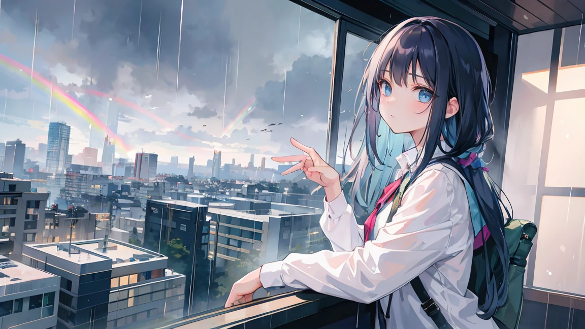 A young girl with long hair, leaning on her hand, gazes out the window at a rain-soaked city below. The scene is serene, with a subtle rainbow hue enveloping the cityscape