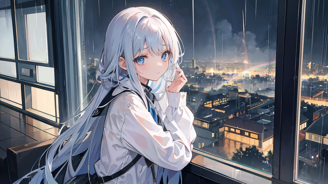 A young girl with long hair, leaning on her hand, gazes out the window at a rain-soaked city below. The scene is serene, with a subtle rainbow hue enveloping the cityscape