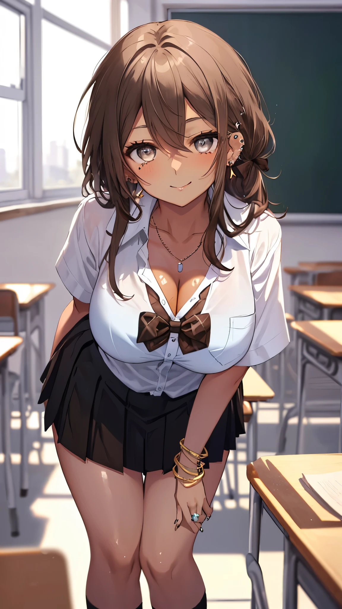 ((masterpiece、Highest quality、Very detailed))、One Girl、((Brown skin:1.5))、gyaru、Brown Hair、Long Hair、Grey Eyes、evil smile、lip、((lots of piercings))、Large Breasts、cleavage、((White shirt))、Rolled up sleeves、necklace、A bow tie、((Black pleated skirt))、bracelet、Cowboy Shot、((bent over))、Classroom Background
