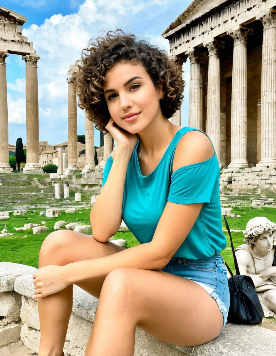 A woman with short curly hair, wearing a teal top and denim shorts, sitting in an ancient Roman city with classical architecture and statues.