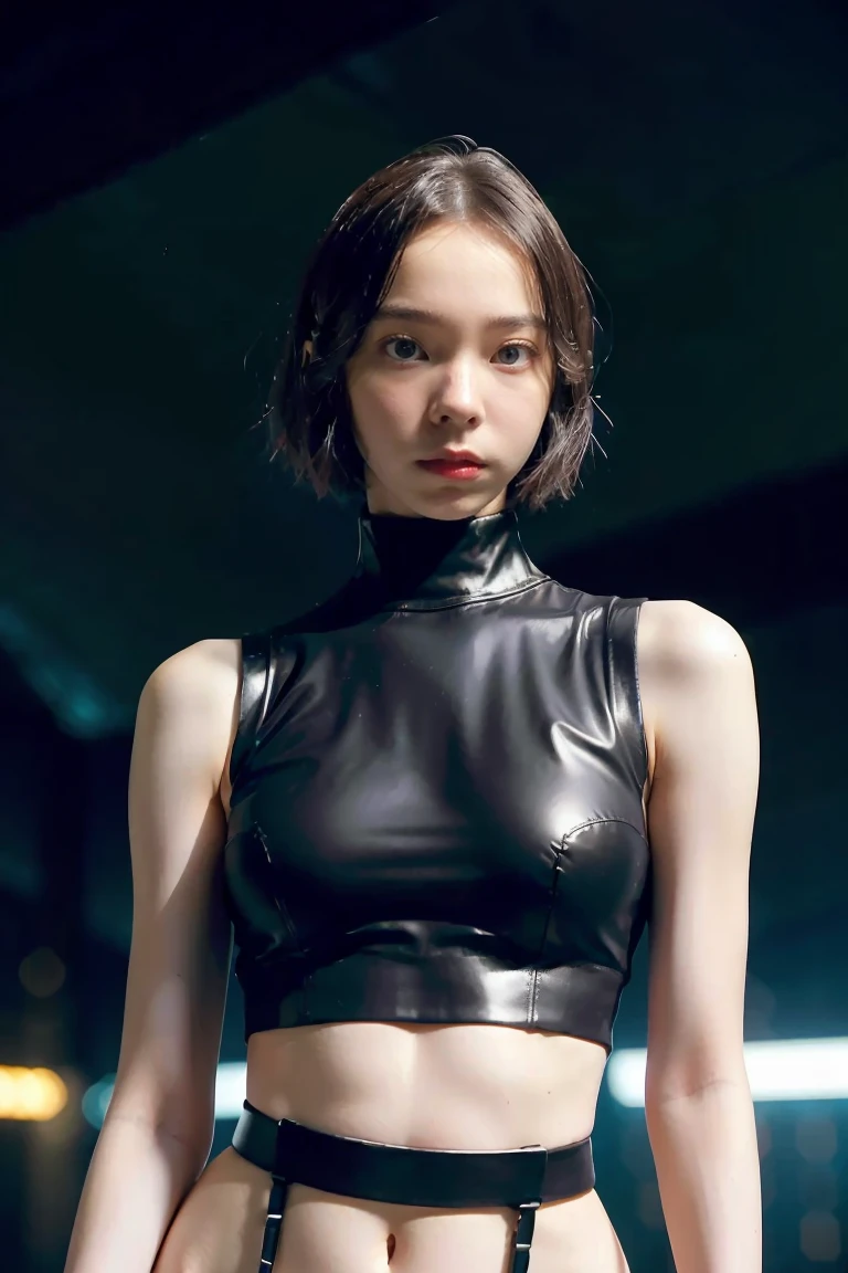 beautiful cyberpunk girl wearing a futuristic head mounted display, (finely detailed skin), pale skin, (in a deep neckline highly detailed sexy futuristic cyberpunk black crop top and underpants made of circuit boards, cybernetics, japanese words with a flare effect, beautiful epic composition, futuristic, masterpiece, sensual, appealing, posing for a photo