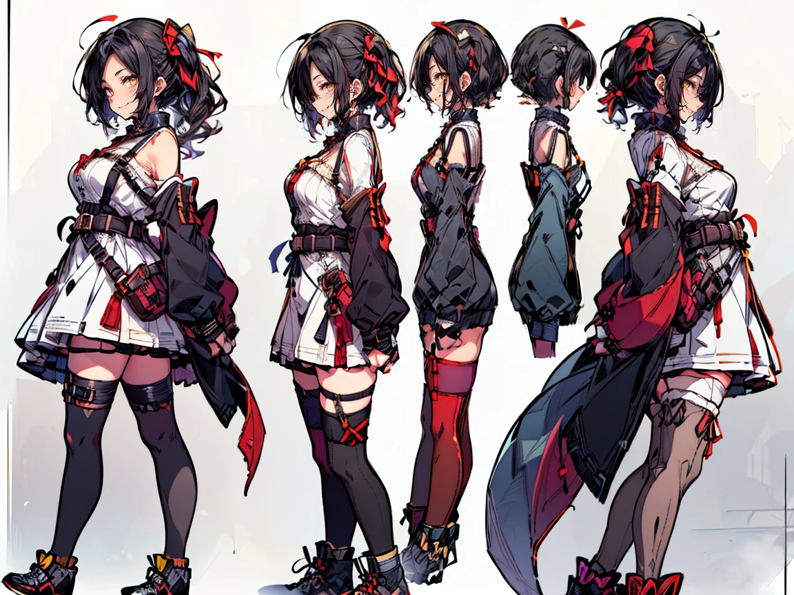 (((three-sided view, front view, side view, back view, multiple views, multiple poses and expressions, many parts)), concept art, character concept art, character sheet, Full body, illustration, (simple background, gray background), 1 character, 1girl, fantasy art:1.1), (hui xiyi:0.7), rekkyo sensen, rekkyou sensen, girls with((black hair, bangs, (one side up, long wavy hair, ribbon:1.55), perfect hands, perfect fingers, (exposed breasts, tits cleavage, breasts close up:1.2), dress((suspenders, dress, belt, nun:1.15), (blue clothes, frills shirt, white knit sweater, long sleeves, frills dress, frills skirt, wind blowing dress, long sleeves, (white legwear:1.55), thighhighs, single thighhighs, single legwear, black footwear, strap shoes:1.42))