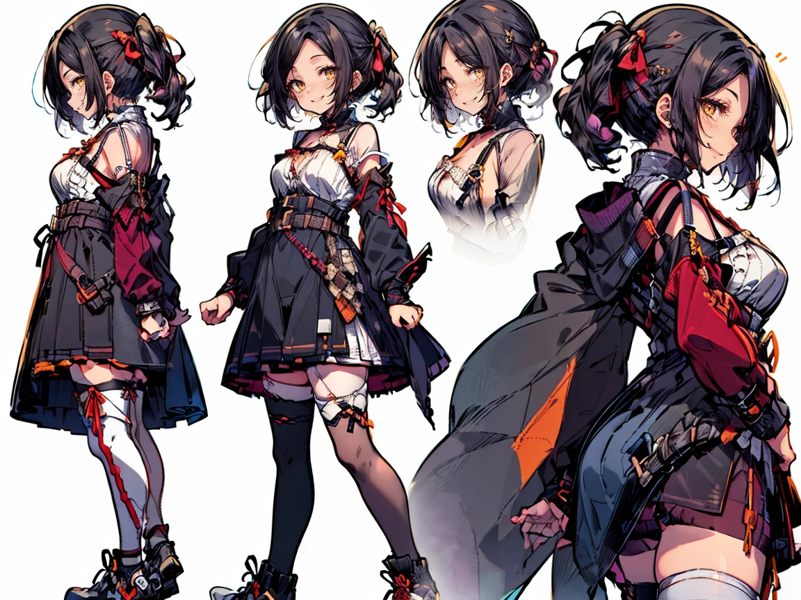 (((three-sided view, front view, side view, back view, multiple views, multiple poses and expressions, many parts)), concept art, character concept art, character sheet, Full body, illustration, (simple background, gray background), 1 character, 1girl, fantasy art:1.1), (hui xiyi:0.7), rekkyo sensen, rekkyou sensen, girls with((black hair, bangs, (one side up, long wavy hair, ribbon:1.55), perfect hands, perfect fingers, (exposed breasts, tits cleavage, breasts close up:1.2), dress((suspenders, dress, belt, nun:1.15), (blue clothes, frills shirt, white knit sweater, long sleeves, frills dress, frills skirt, wind blowing dress, long sleeves, (white legwear:1.55), thighhighs, single thighhighs, single legwear, black footwear, strap shoes:1.42))