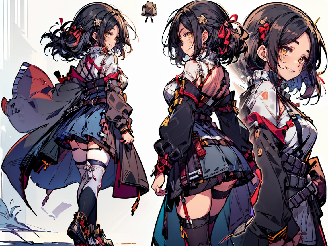 (((three-sided view, front view, side view, back view, multiple views, multiple poses and expressions, many parts)), concept art, character concept art, character sheet, Full body, illustration, (simple background, gray background), 1 character, 1girl, fantasy art:1.1), (hui xiyi:0.7), rekkyo sensen, rekkyou sensen, girls with((black hair, bangs, (one side up, long wavy hair, ribbon:1.55), perfect hands, perfect fingers, (exposed breasts, tits cleavage, breasts close up:1.2), dress((suspenders, dress, belt, nun:1.15), (blue clothes, frills shirt, white knit sweater, long sleeves, frills dress, frills skirt, wind blowing dress, long sleeves, (white legwear:1.55), thighhighs, single thighhighs, single legwear, black footwear, strap shoes:1.42))