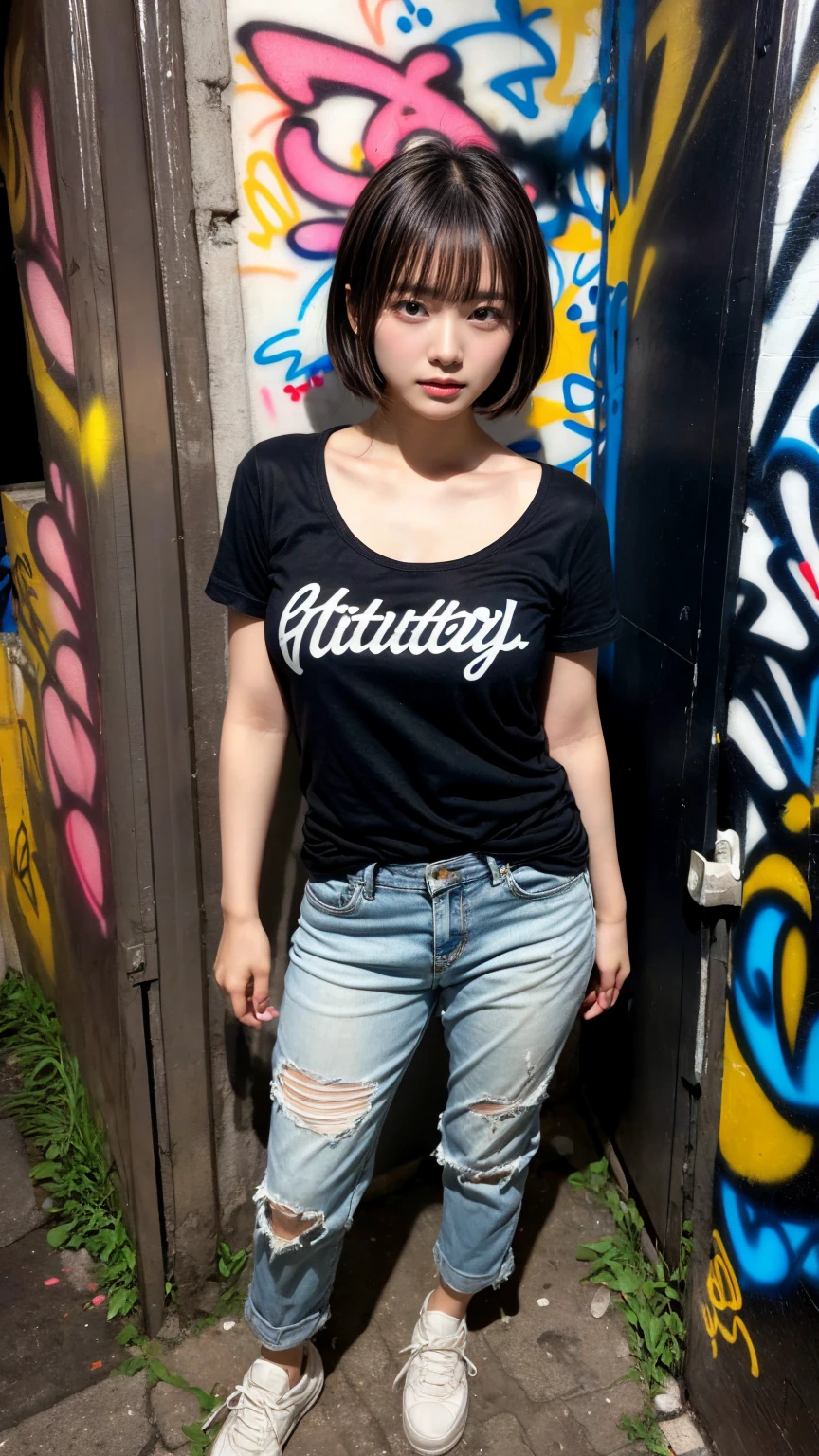 masterpiece, best quality, illustration, Super detailed, fine details, High resolution, 8K,wall paper, perfect dynamic composition,(Details High quality, realistic depiction of eyes:1.3), (Japanese age girl standing in a dirty back alley at night, graffitied wall:1.1), (wearing a tattered and dirty t-shirt.:1.1), Wearing baggy pants, dirty body, short bob hair, black hair color, Big Natural Color Lip, seductive face, provocative look, crying a little、Harajuku style、(graffiti), night time, 20 year old girl、cute type、loliGravure Idol, full body photo、focus on crotch, (huge breasts)
