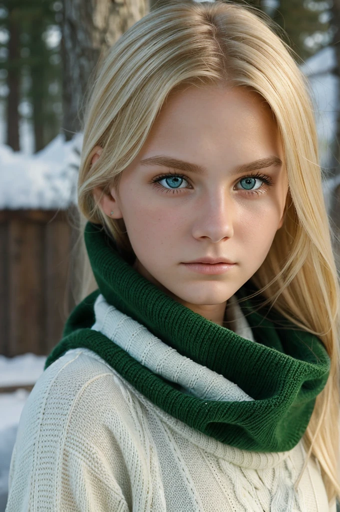 bianca, a 17 year old girl with delicate features. She has blonde hair and green eyes. Their skin is white as snow, and she exudes an air of grace and mystery. angry expression, wears a green sweater with a red scarf