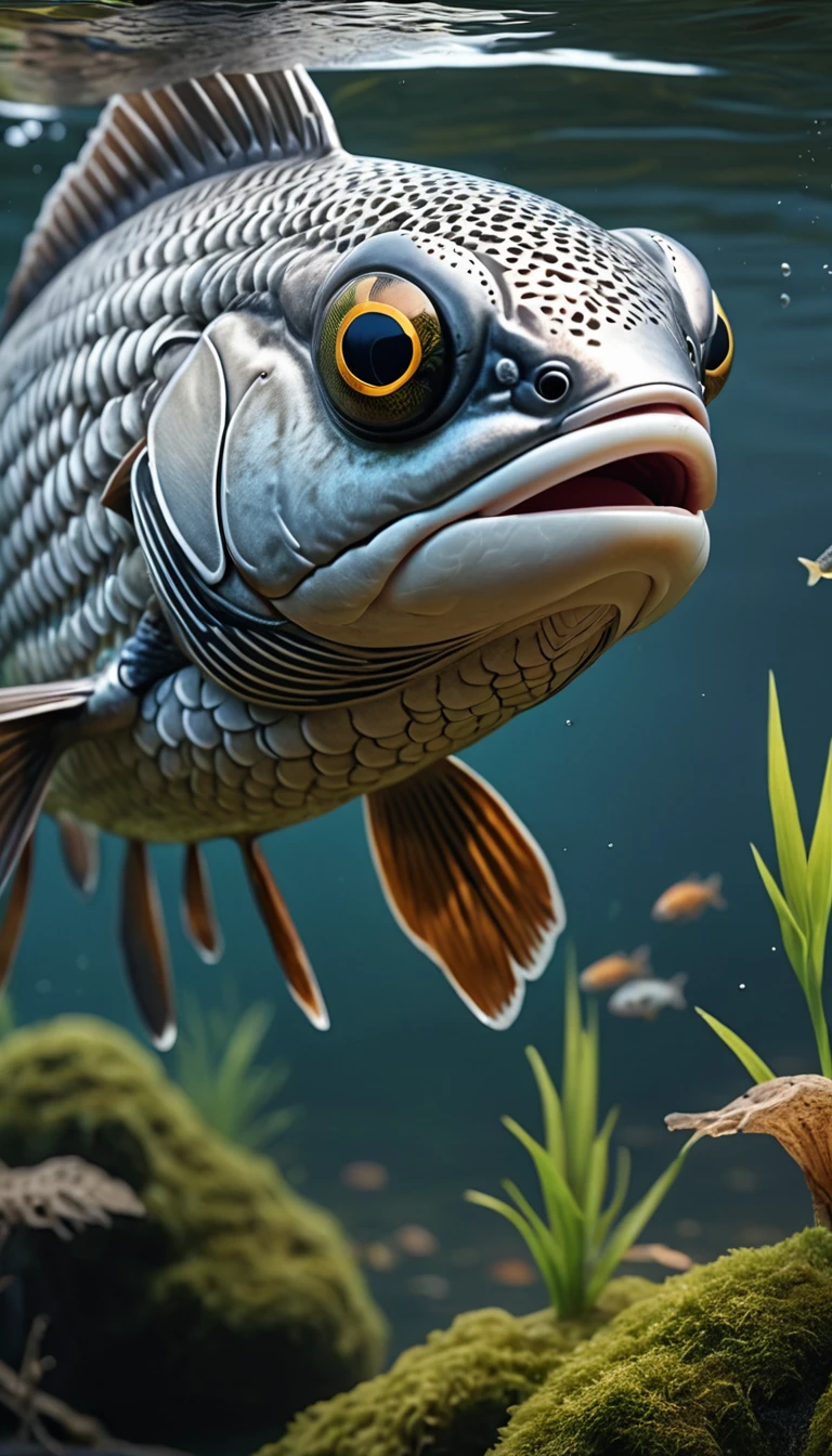 There is a creature in the river that has a human head and a fish body.,Human heads,The body of a fish,Mysterious Creatures, shrike, (best quality,4K,8K,High level,masterpiece:1.2),Ultra Detailed,(lifelike,Photo real,Photo real:1.37),Highly detailed animals,Complex patterns,Realistic lighting,Fantasy Creatures