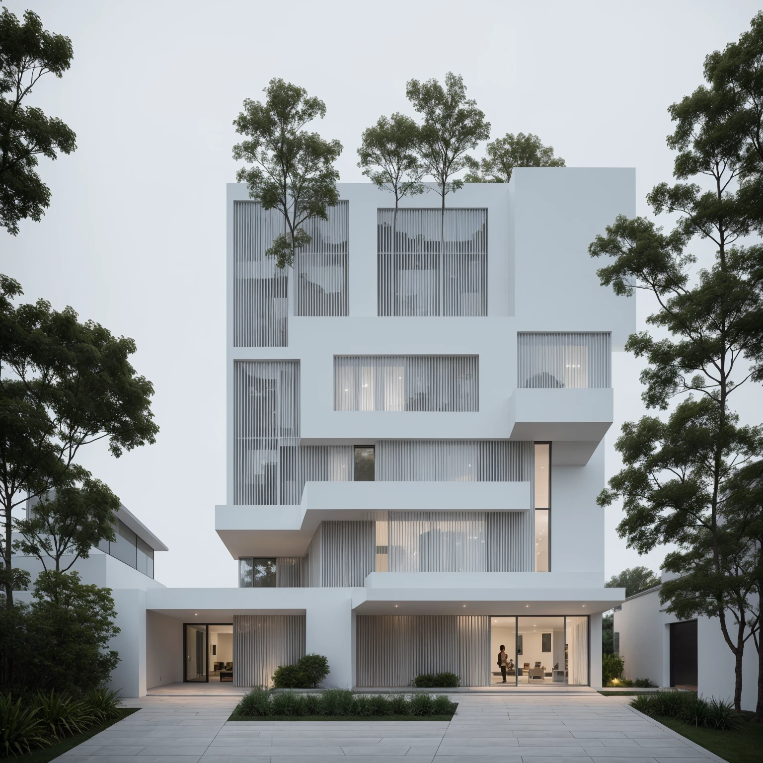 RAW photo, Exterior of two story white modern house, road, ((sidewalk)), ((sidewalk trees)), residences area, dawn time, overcast, fog, tropical trees and plants, (high detailed:1.2), 8k uhd, dslr, soft lighting, high quality, film grain, Fujifilm XT3, (sharpen:1.5)