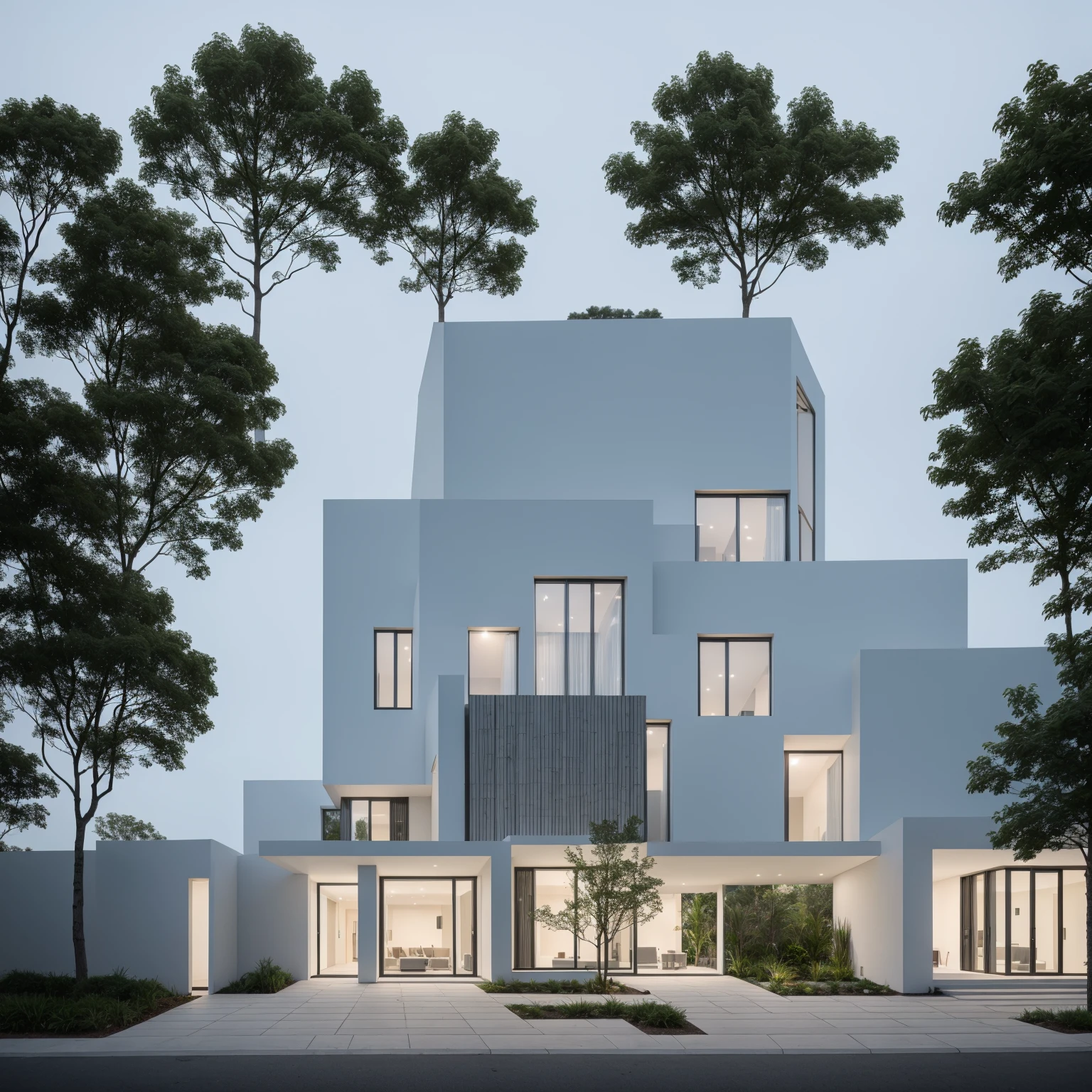 RAW photo, Exterior of two story white modern house, road, ((sidewalk)), ((sidewalk trees)), residences area, dawn time, overcast, fog, tropical trees and plants, (high detailed:1.2), 8k uhd, dslr, soft lighting, high quality, film grain, Fujifilm XT3, (sharpen:1.5)