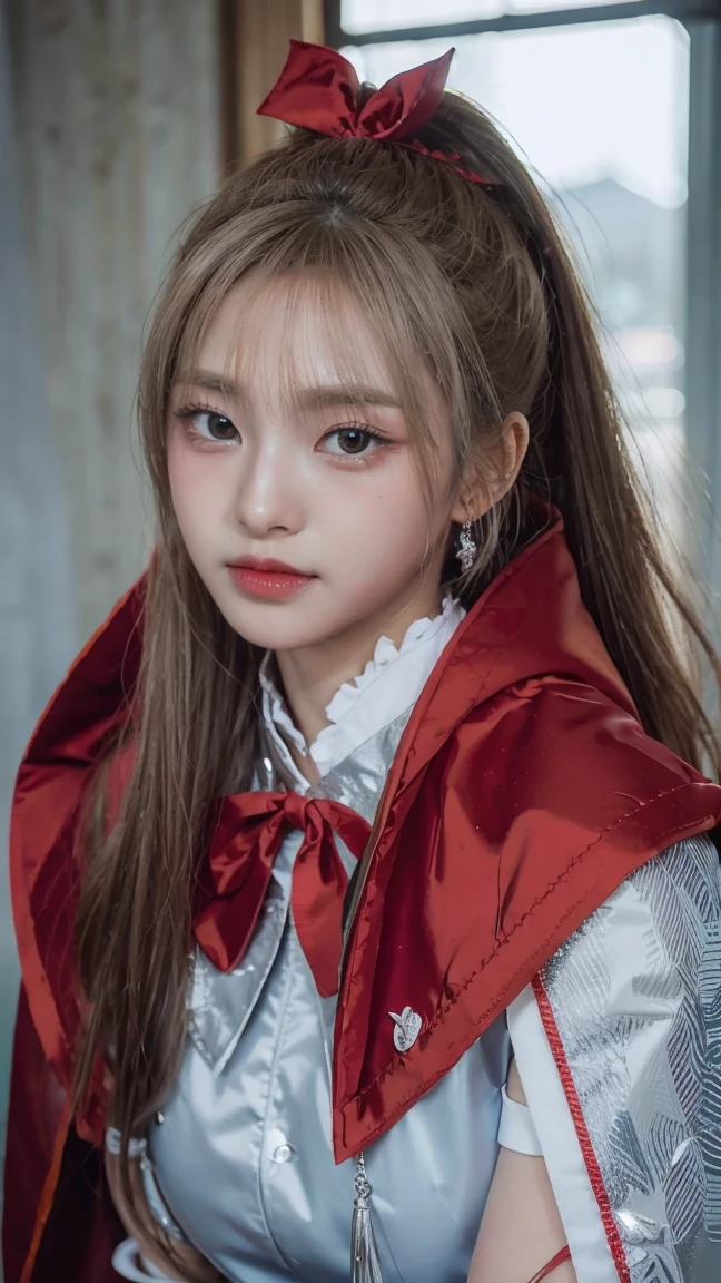 (Raw photo) , Detailed features , perfect face , perfect eyes , detailed eyes , (beautiful:1.50) , beautiful chinese girl in her 20s with long hair  in a ponytail , smiling , (((long voluminous high collar silver satin and red lined cape tied at the neck with a ribbon:1.10))) , minidress , full body, slight skin blemishes, sly smile, high-quality ultra realistic style, warm tones, soft lighting, detailed eyes, subtle freckles, professional, expressive , 8K , highly detailed