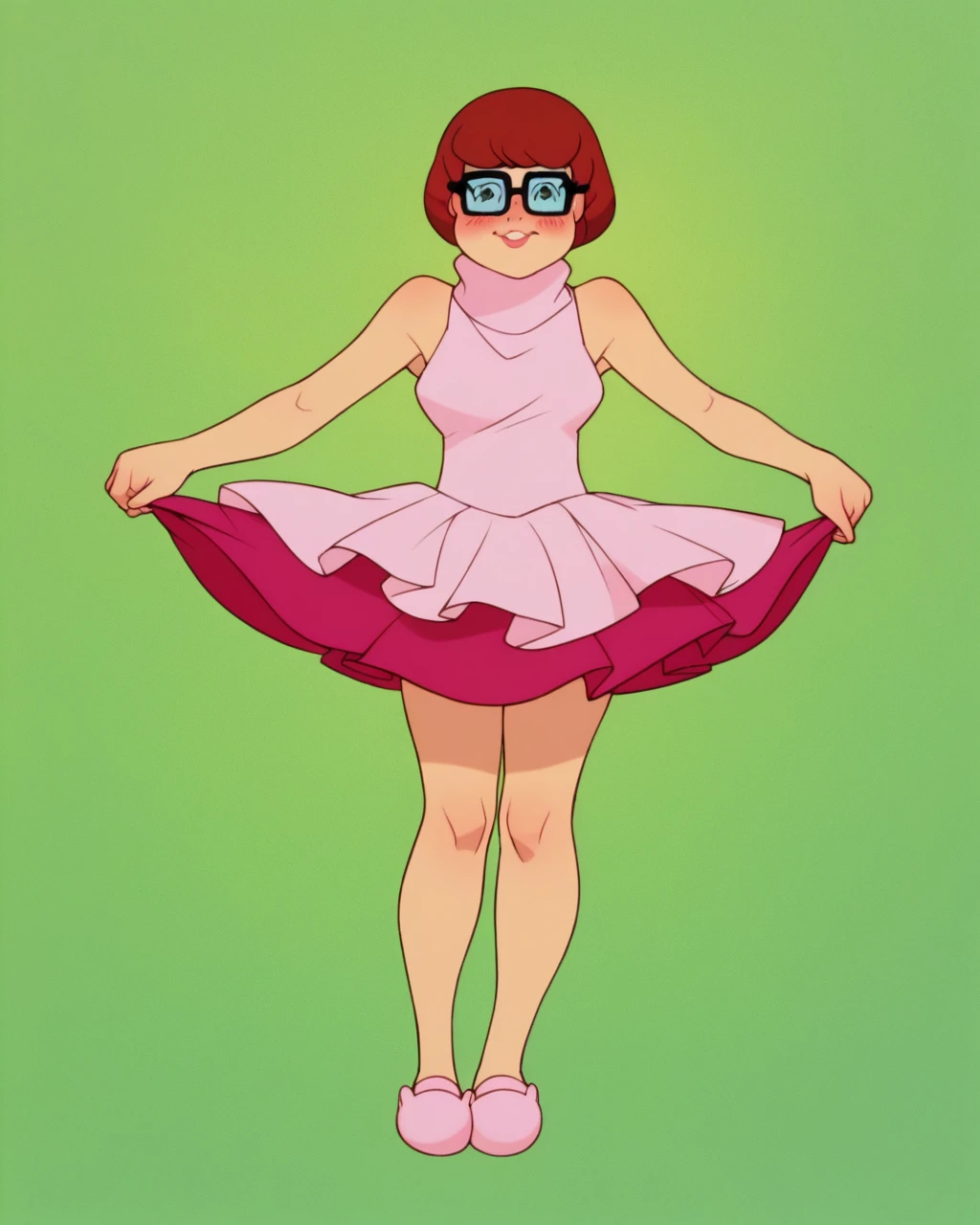 velmaXL, pink tutu dress, pink sleeveless top, white panties, shy, blushing cheeks, standing, posing, pink slippers, upskirt, solo, hands lifting up tutu, pantyflash