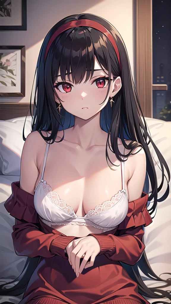 yorbriar, yor briar, black hair, (red eyes:1.5), earrings, gold hairband, hairband, long hair, sidelocks, (medium breasts:1.2), BREAK bare shoulders, collarbone, dress, long sleeves, off shoulder, off-shoulder dress, off-shoulder sweater, pantyhose, red sweater, sweater, sweater dress, thighs, BREAK outdoors, on bed,laying on bed, night, soft lights, silk bed, BREAK looking at viewer, BREAK (masterpiece:1.2), best quality, high resolution, unity 8k wallpaper, (illustration:0.8), (beautiful detailed eyes:1.6), extremely detailed face, perfect lighting, extremely detailed CG, (perfect hands, perfect anatomy),full body,sexy pose, laying on back,take of dress, show bra,lace bra, upper body shot.