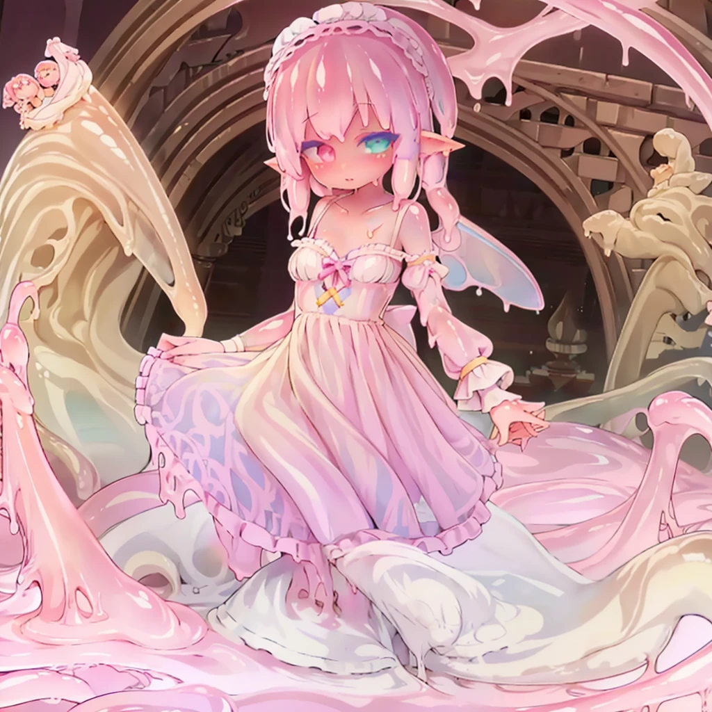 ((1Girl)) ((Looking at viewer)) ((Slime girl)) ((Fairy girl))  ((Up close)) ((Adult Slime girl)) ((Adult Fairy Girl))

Opal is a slime girl, the color of her slime is pink, she has pointy elf ears, her hair is a shoulder length white, her skin is milky white, she has Heterochromia iridum Her left eye is pink, and her right eye is blue , her clothing is that of cottagecore, wearing knee length dresses, in whites and yellows, she wears slip on mary janes, colored white, she wears frilly socks that go to her ankles. she wears a headscarf sometimes. 

She is a girl that lives/is covered in pink slime, she has pointy elf ears, and long white hair, she has milky white skin covered in pink slime, she has Heterochromia iridum, her left eye is pink, and her right eye is blue, Opal wears nightgown type dresses that stop at her knees, she wears socks with ruffles on them, her shoes are black maryjanes the type that you slip on with a strap on the front, she wears a small headscarf, she has freckles all over her body, she is 4’9 , she has small fairy wings on her back that are just now sprouting out. 

She is 18 years old.