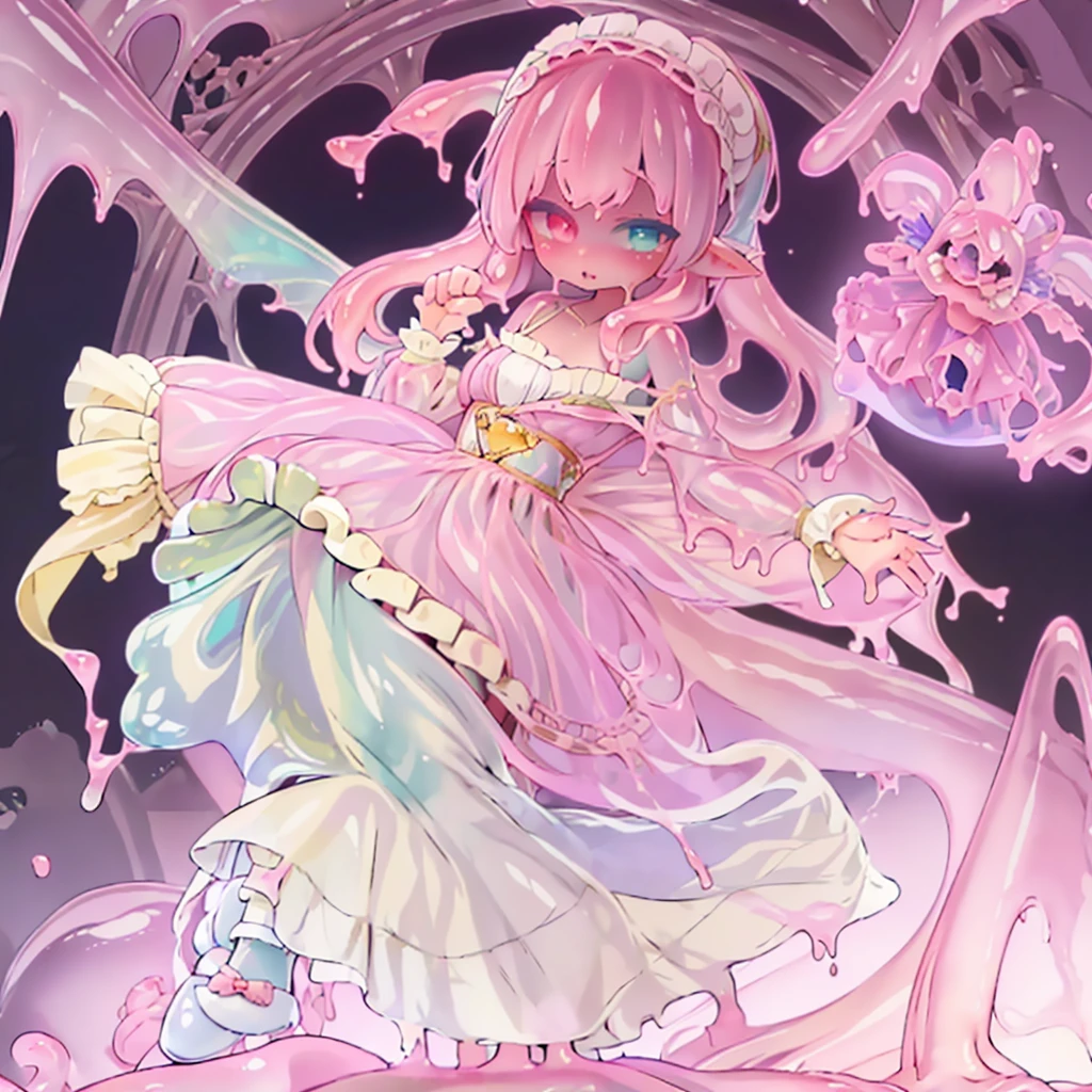 ((1Girl)) ((Looking at viewer)) ((Slime girl)) ((Fairy girl))  ((Up close)) ((Adult Slime girl)) ((Adult Fairy Girl))

Opal is a slime girl, the color of her slime is pink, she has pointy elf ears, her hair is a shoulder length white, her skin is milky white, she has Heterochromia iridum Her left eye is pink, and her right eye is blue , her clothing is that of cottagecore, wearing knee length dresses, in whites and yellows, she wears slip on mary janes, colored white, she wears frilly socks that go to her ankles. she wears a headscarf sometimes. 

She is a girl that lives/is covered in pink slime, she has pointy elf ears, and long white hair, she has milky white skin covered in pink slime, she has Heterochromia iridum, her left eye is pink, and her right eye is blue, Opal wears nightgown type dresses that stop at her knees, she wears socks with ruffles on them, her shoes are black maryjanes the type that you slip on with a strap on the front, she wears a small headscarf, she has freckles all over her body, she is 4’9 , she has small fairy wings on her back that are just now sprouting out. 

She is 18 years old.