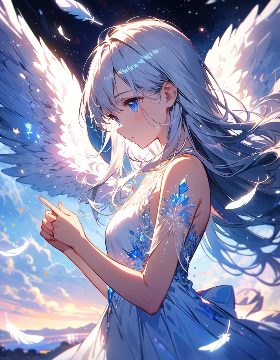 (best quality:1.2),(hands finger 5 digits:1.3),(extremely delicate and beautiful:1.3),(detailed ultra detailed:1.2),(scenery clear details:1.2),(scenery crystal clear :1.2),(solo),(blue eyes),(long white long hair),(white dress),(angel wings),(floating white feathers,starry sky),(clusters of stars,starry sky),(glinting stars),(solo),(long silver long hair),(best quality:1.2),(hands finger 5 digits:1.3),(extremely delicate and beautiful:1.3),(detailed ultra detailed:1.2),(scenery clear details:1.2),