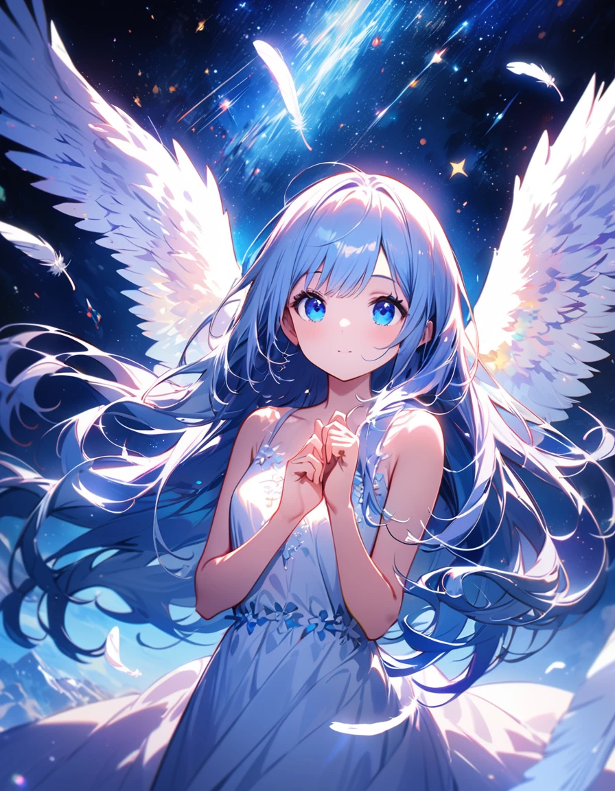 (best quality:1.2),(hands finger 5 digits:1.3),(extremely delicate and beautiful:1.3),(detailed ultra detailed:1.2),(scenery clear details:1.2),(scenery crystal clear :1.2),(solo),(blue eyes),(long white long hair),(white dress),(angel wings),(floating white feathers,starry sky),(clusters of stars,starry sky),(glinting stars),(solo),(long silver long hair),(best quality:1.2),(hands finger 5 digits:1.3),(extremely delicate and beautiful:1.3),(detailed ultra detailed:1.2),(scenery clear details:1.2),