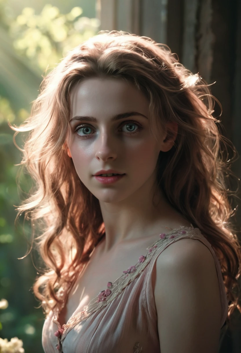 (Realisttic:1.2), analog photo style, (cute woman looking like Aerith Gainsborough), (cute detailed face, intensed detailed eyes), (her full body s a visual pleasure), faint smile, soft shading, lifelike skin texture, sexy and seductive, dynamic, in motion, three dimensional effect, gloomy dark atmosphere, play of light in the sun rays, faded colours, great quality, Masterpiece, intricate fantasy background, naturally cinematic light, 16k quality, HDR, RAW photo