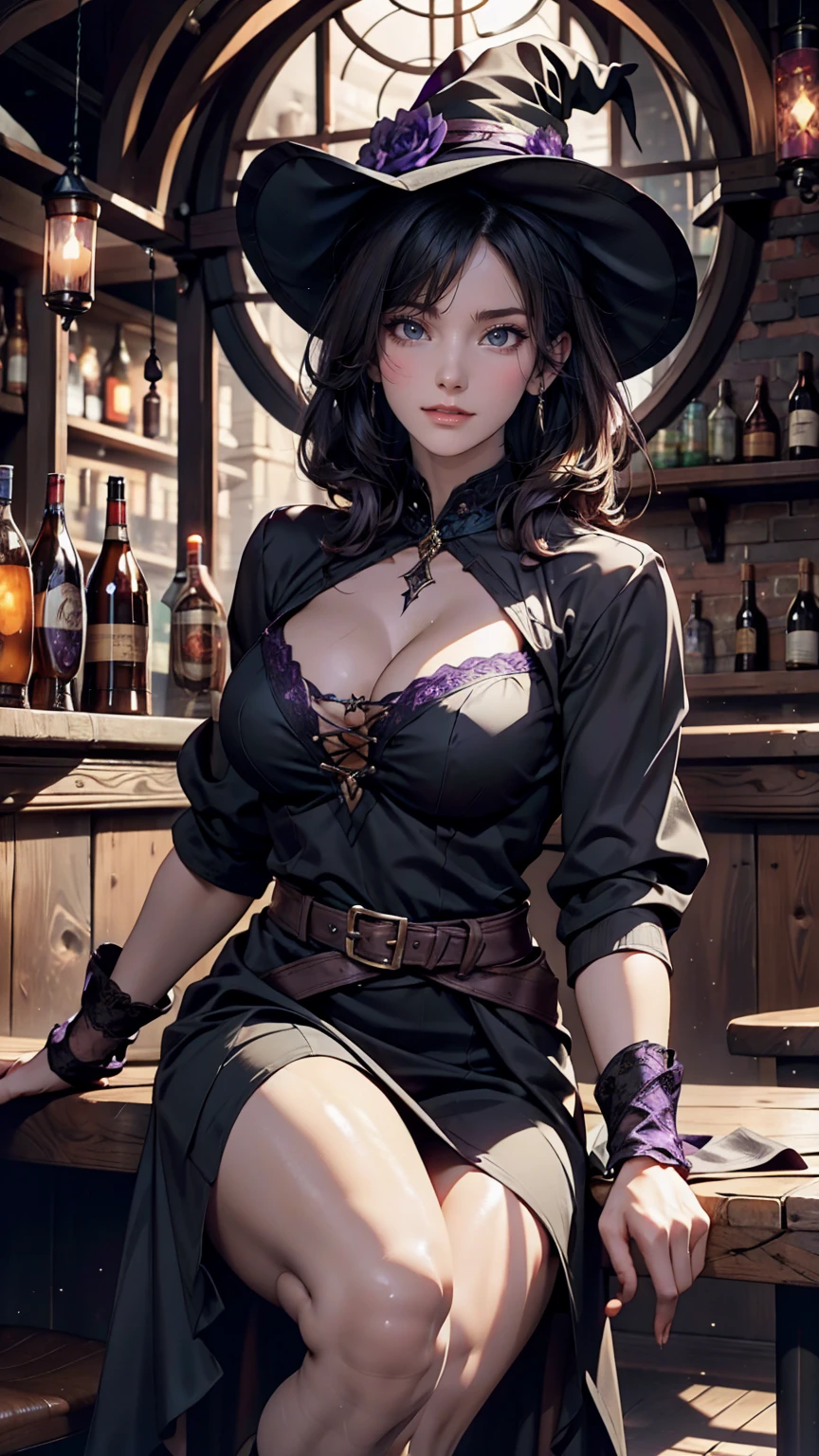 Beautiful witch woman, Short black hair, Purple eyes, Large Breasts, Dressed in witch clothes, Sitting in a pub and smiling, Realistic, Full HD, Highest quality