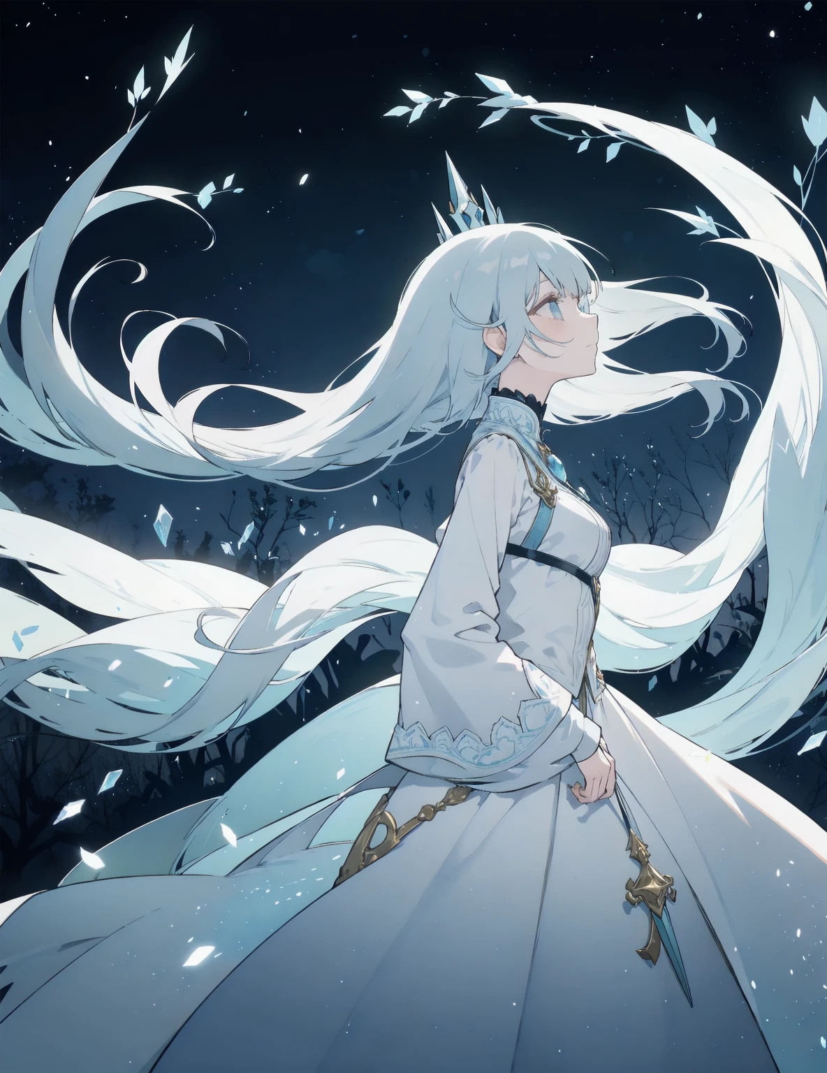 Profile of the sorceress known as the "Frost Witch." She dramatically manipulates the magic of frost, cinematic lighting, soft smile, floating hair, profile, dress, silk, dark sky, frost, ice, cold, winter,