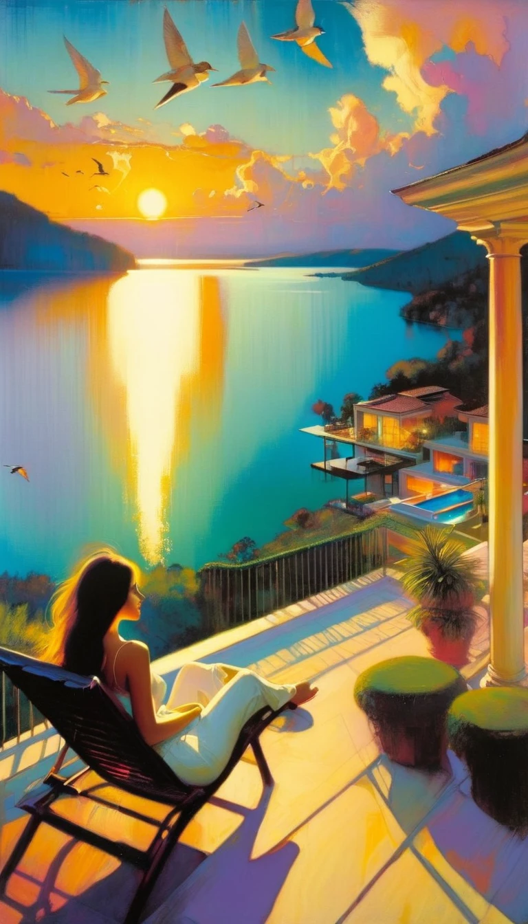large open terrace overlooking a beautiful lake with dream houses, a sexy girl relaxes on the terrace, landscape, clouds, birds, sunset (art inspired by Bill Sienkiewicz). oil painting)
