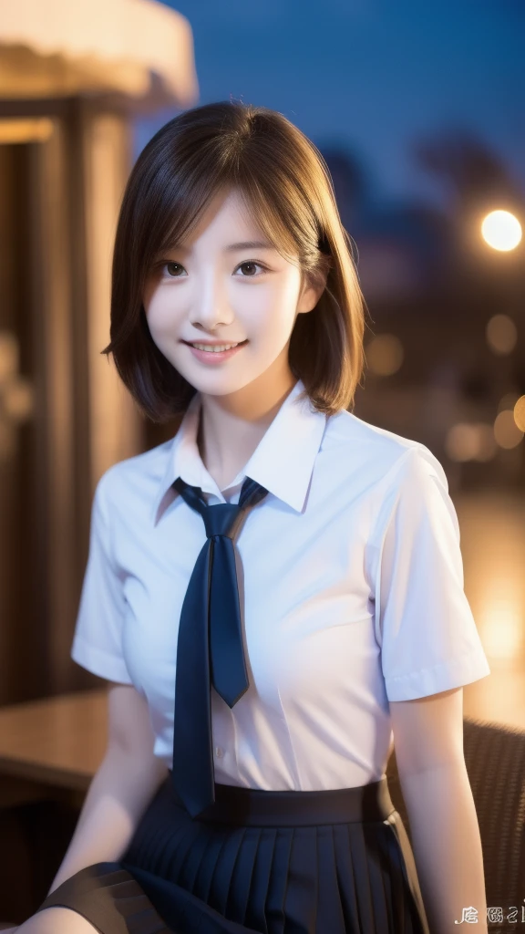 1 girl, (8k, RAW photo, best quality, masterpiece: 1.2), underwear Wet(realistic, photo-realistic: 1.37), ultra-detailed, beautiful, solo, beautiful detailed sky, detailed coffee, night, sitting, (flushed nose), (smile: 1.1), medium breasts, beautiful detailed eyes, long brown hair, (collared shirt: 1.1), bow tie, pleated skirt, (short hair: 1.2), long hair, taking big ice cream,