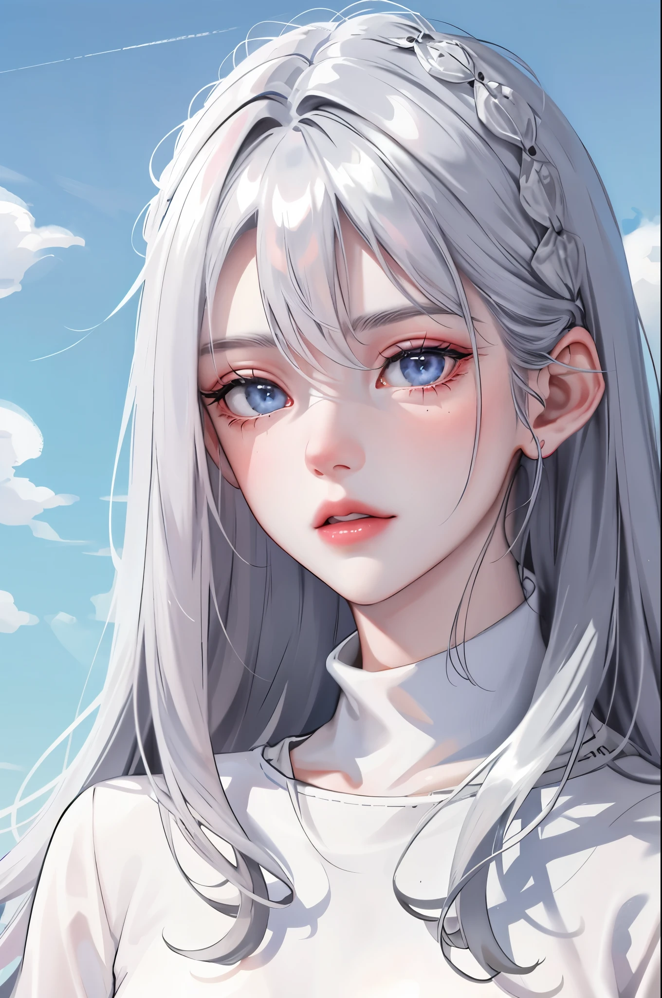 Girl, gray hair, sky blue eyes, sharp features, white skin, pink lips, perfect, sweater
