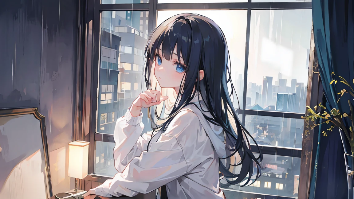 A young girl with long hair, leaning on her hand, gazes out the window at a rain-soaked city below. The scene is serene and ethereal, with a soft, dreamlike quality enveloping the cityscape.