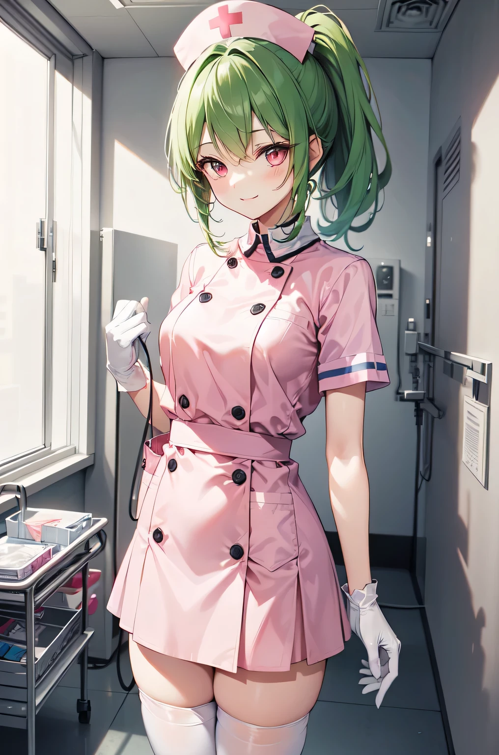 1girl, solo, nurse, nurse cap, white nurse uniform, ((white legwear, zettai ryouiki)), white gloves, ponytail, green hair, pink eyes, smile, standing, ((hospital room)), sharp outline, short sleeves, best quality, masterpiece