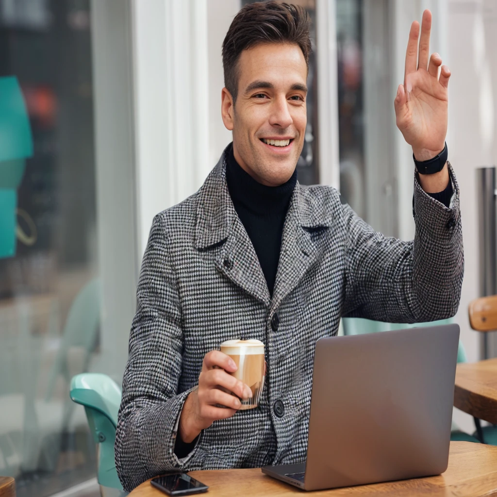 smiling man in a coat sitting at a table with a laptop and a cup of coffee, Attractive man drinking coffee, wear a turtleneck and jacket, enjoying coffee in a coffee shop, An inarticulate man with a raised hand, very professional, A young man of medium length, with a laptop on your lap, sitting in a cafe, drink coffee, professional art