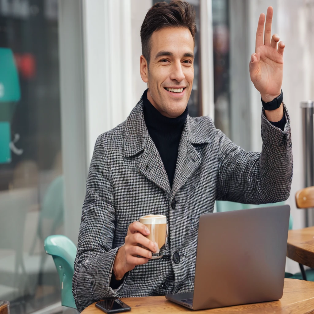 smiling man in a coat sitting at a table with a laptop and a cup of coffee, Attractive man drinking coffee, wear a turtleneck and jacket, enjoying coffee in a coffee shop, An inarticulate man with a raised hand, very professional, A young man of medium length, with a laptop on your lap, sitting in a cafe, drink coffee, professional art
