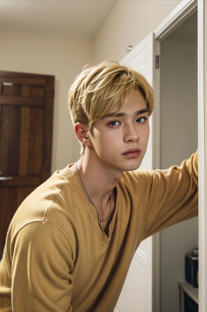 1boy, a man, half body potrait, indoors, blonde hair
