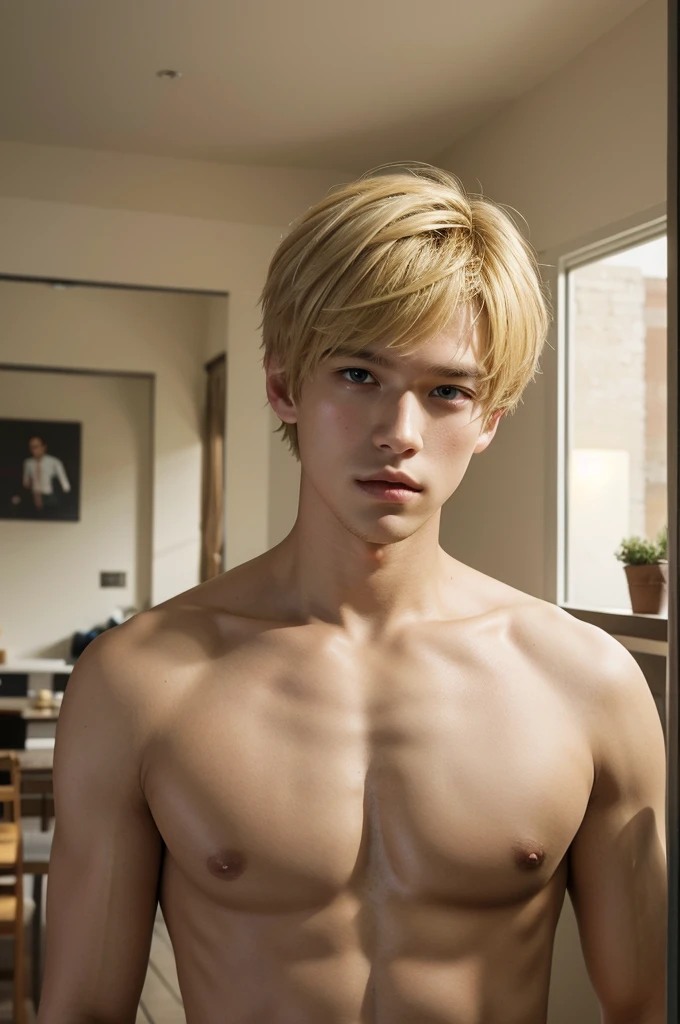 1boy, a man, half body potrait, indoors, blonde hair