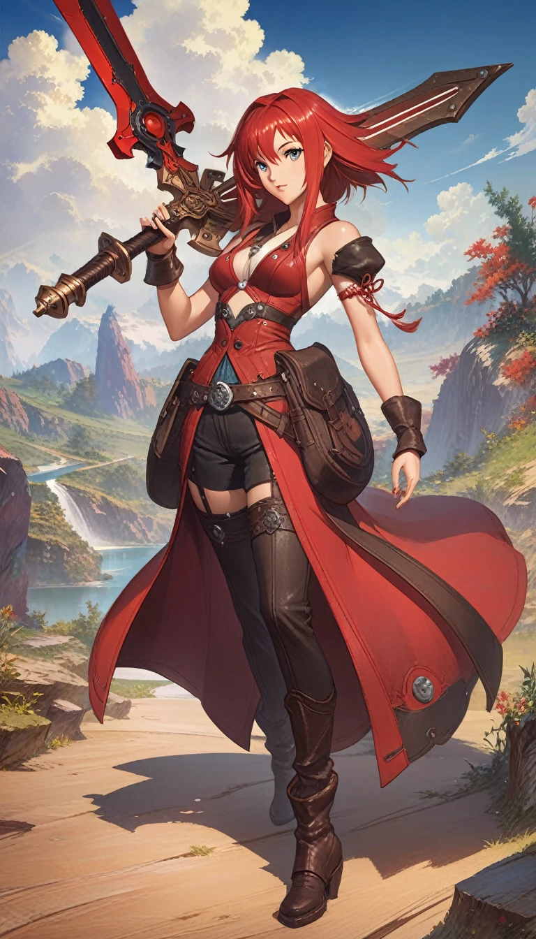 Red hair，Anime character holding sword in hand, guilty gear art direction, Guilty Gear Hard Splash Art, Detailed digital anime art, Detailed anime character art, Stunning character art, author：Yang J, 2. 5D CGI anime fantasy artwork, Epic and beautiful character art, Fan Art Best Artstation, guilty gear art style, Popular on artstation pixiv