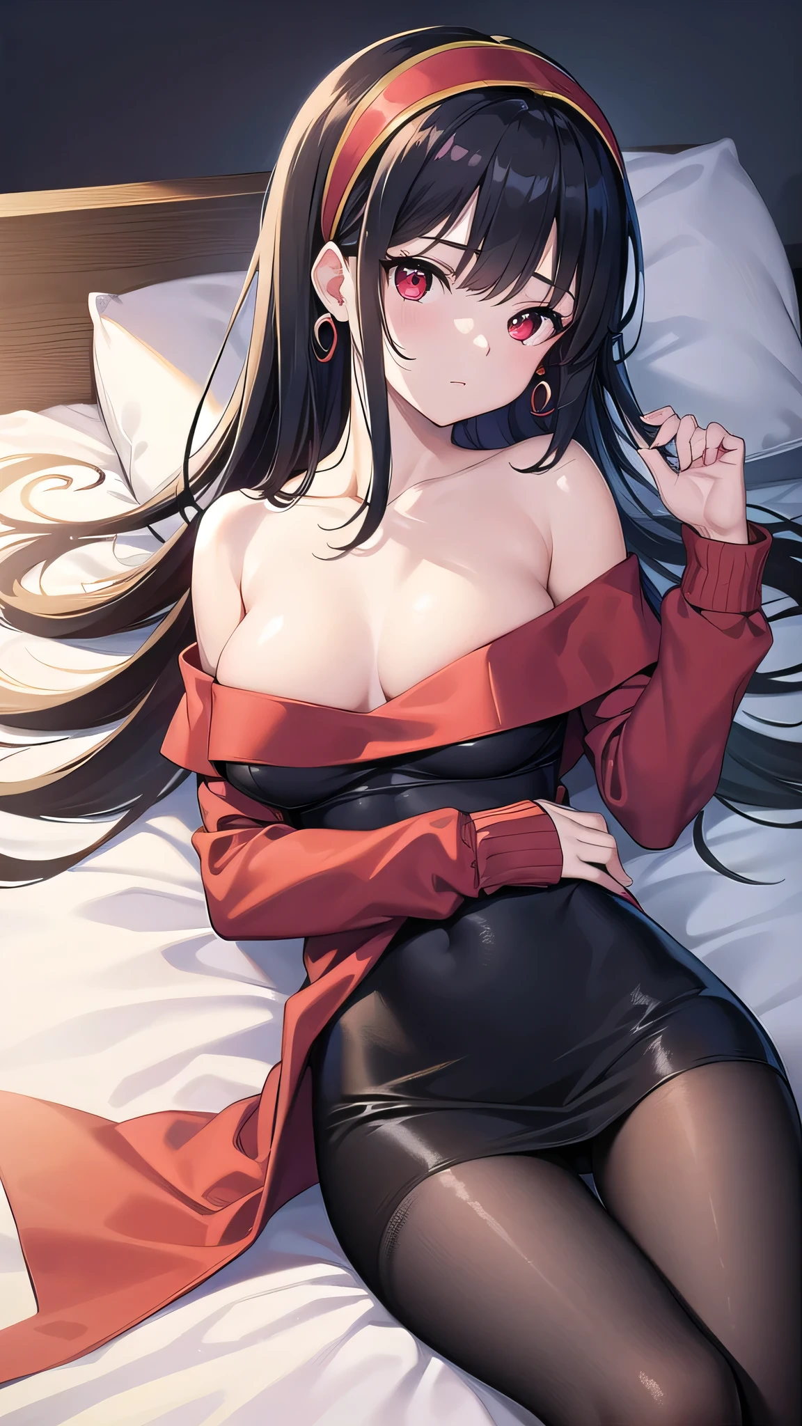 yorbriar, yor briar, black hair, (red eyes:1.5), earrings, gold hairband, hairband, long hair, sidelocks, (medium breasts:1.2), BREAK bare shoulders, collarbone, dress, long sleeves, off shoulder, off-shoulder dress, off-shoulder sweater, pantyhose, red sweater, sweater, sweater dress, thighs, BREAK outdoors, on bed,laying on bed, night, soft lights, silk bed, BREAK looking at viewer, BREAK (masterpiece:1.2), best quality, high resolution, unity 8k wallpaper, (illustration:0.8), (beautiful detailed eyes:1.6), extremely detailed face, perfect lighting, extremely detailed CG, (perfect hands, perfect anatomy),full body,sexy pose, laying on back,take of dress, show bra,lace bra, upper body shot.