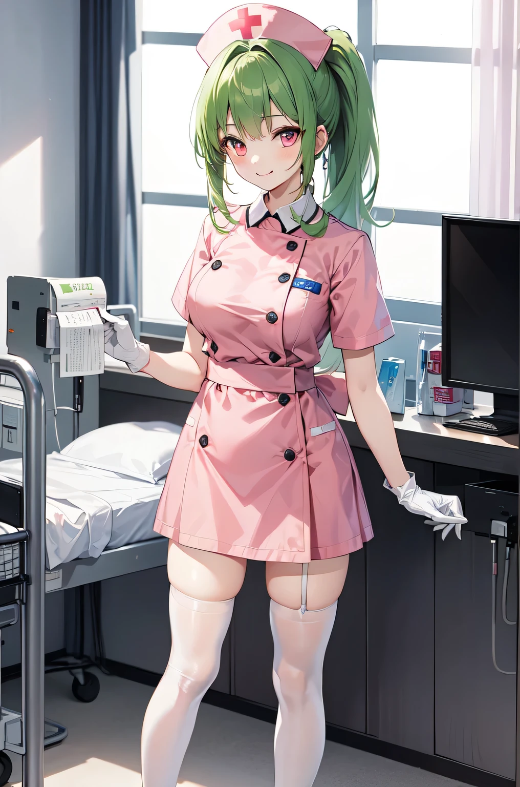 1girl, solo, nurse, nurse cap, white nurse uniform, ((white legwear, zettai ryouiki)), white gloves, ponytail, green hair, pink eyes, smile, standing, ((hospital room)), sharp outline, short sleeves, best quality, masterpiece