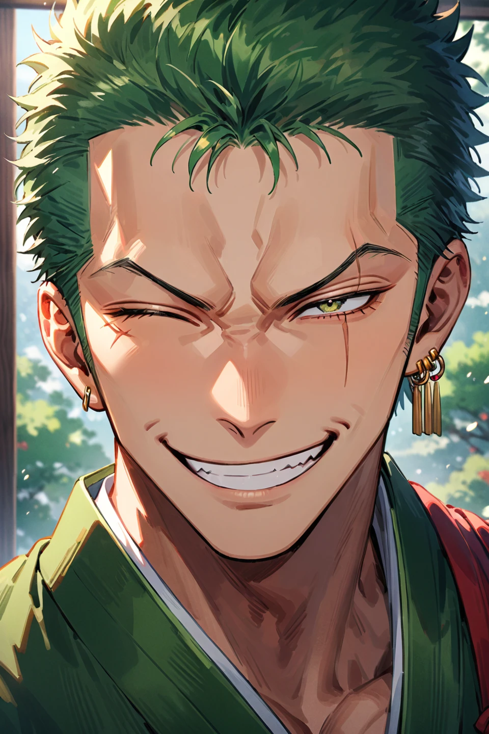 roronoa zoro, male focus, 1boy, smile, green hair, solo, scar across eye, earrings, jewelry, one eye closed, short hair, grin, portrait, japanese clothes, kimono, scar, looking at viewer, sideburns, scar on face, single earring, close up, green kimono --style 1 --preset 3, ((medium quality)), ((medium quality))
