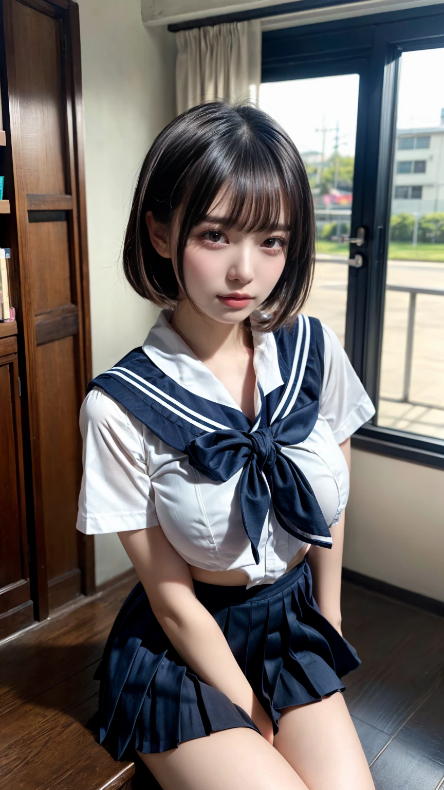(8K, RAW Photos, Highest quality, masterpiece:1.2), (professional photography, full colors, studio-caliber color grading), (Gravure quality for high-end fashion magazines), BREAK,18 year old girl, short bob hair, crying a little, Harajuku style, Big Natural Color Lip, (Plumpy body:1 (smooth skin:1.1 (huge breasts:1.0 BREAK, Black Sailor Uniform, serafuku, Navy pleated skirt