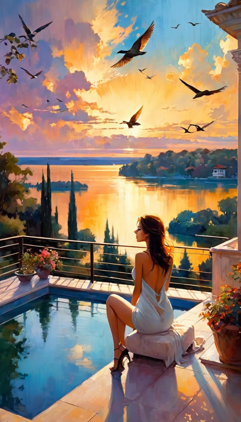 large open terrace overlooking a beautiful lake with dream houses, a sexy girl relaxes on the terrace, landscape, clouds, birds, sunset (art inspired by Bill Sienkiewicz). oil painting)