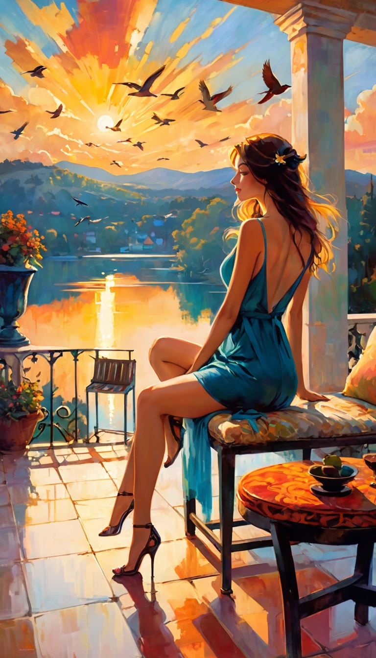 large open terrace overlooking a beautiful lake with dream houses, a sexy girl relaxes on the terrace, landscape, clouds, birds, sunset (art inspired by Bill Sienkiewicz). oil painting)