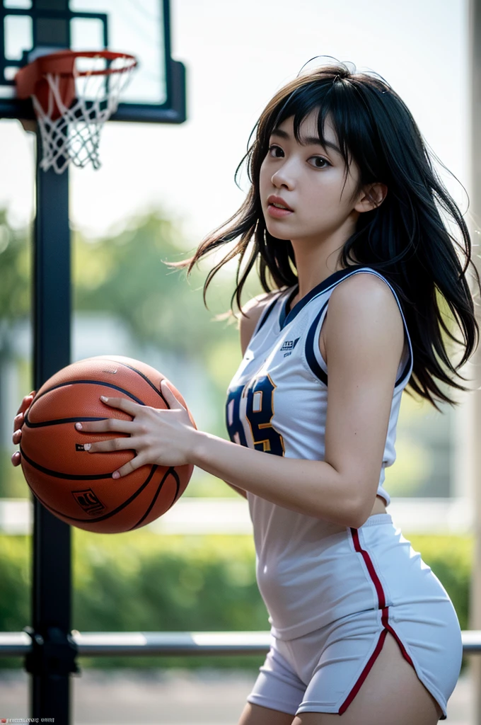 (8k, best quality, masterpiece:1.2), (realistic, photo-realistic:1.37), ultra-detailed,best quality, ultra high res, professional lighting, photon mapping, radiosity, physically-based rendering, cinematic lighting, basketball court,depth of field, sharp focus,sunbeam, good composition,(bokeh:1.2) 1girl,solo,(full body), (closed mouth),beautiful detailed eyes, pose, narrow waist,basketball uniform, black hair,messy hair,long hair floating in wind,(ulzzang-6500:1.2)
 mix4, hiqcgbody