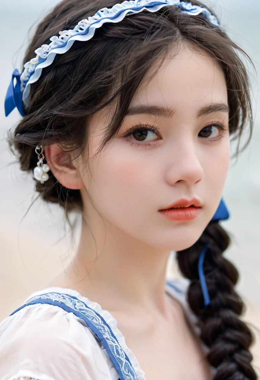 best quality, ultra hi res, photoreaslistic, a photography of a beautiful woman, 30yo age, detailed face, black Messy fishtail braid, (detailed porcelain doll,delicate clothes with a lot of frills and ribbons), Beach, (face close up), seductive look, looking at viewer