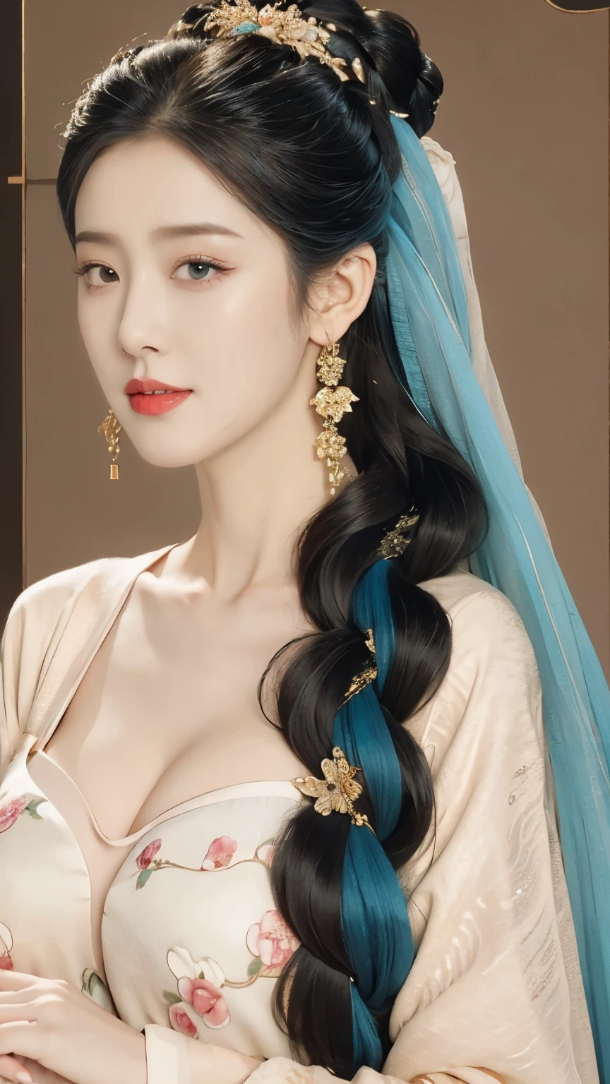 highly detailed, 8K, masterpiece, 1 girl, blue pink_hair, nude, Smile, (perfect_Face), boundary, close up, crazy,, Gorgeous, complicated, Dramatic Lighting, 4K, detailed, Caustic lines, Half Body,  Huge breasts 1.5，Deep cleavage，Transparent woven Hanfu，Exquisite ancient hair accessories、Necklace and Earrings