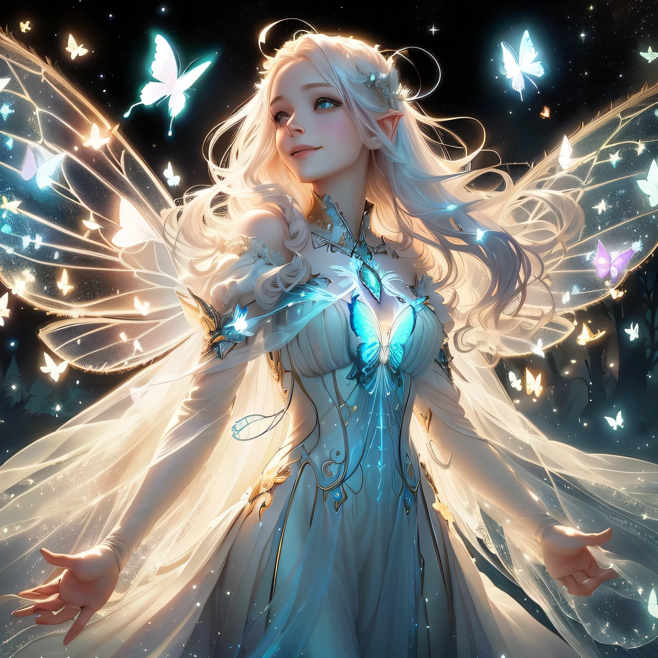 a close up of a fairy with a butterfly in her hand, smiling as a queen of fairies, astral fairy, charlie bowater art style, big white glowing wings, glowing with magic, neoartcore and charlie bowater, ross tran style, fairy aesthetics, ethereal wings, inspired by Ross Tran, glowing angelic being, long glowing ethereal hair, galadriel