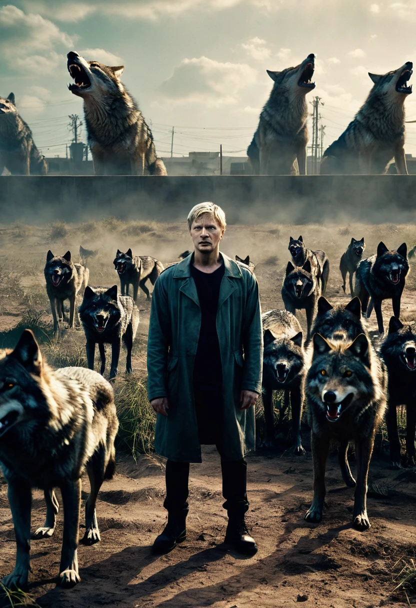 Johnnylawrence person in a dystopian field with rabid wolves behind him.