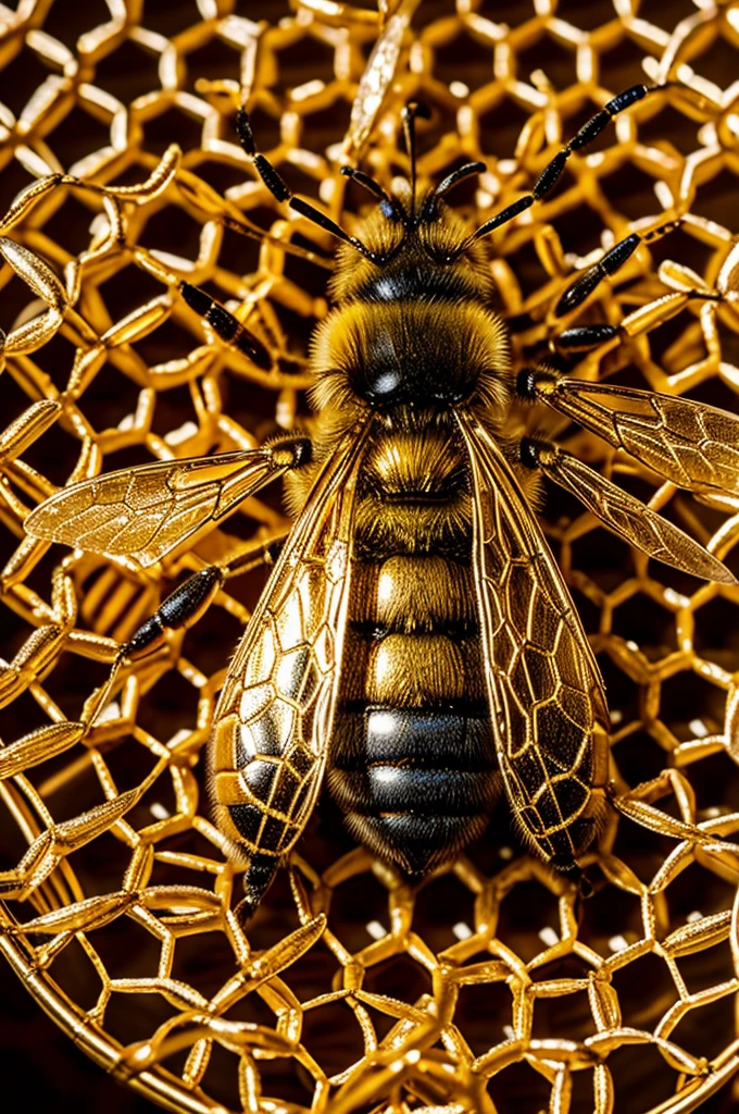 Golden queen bee with honeycombs background
