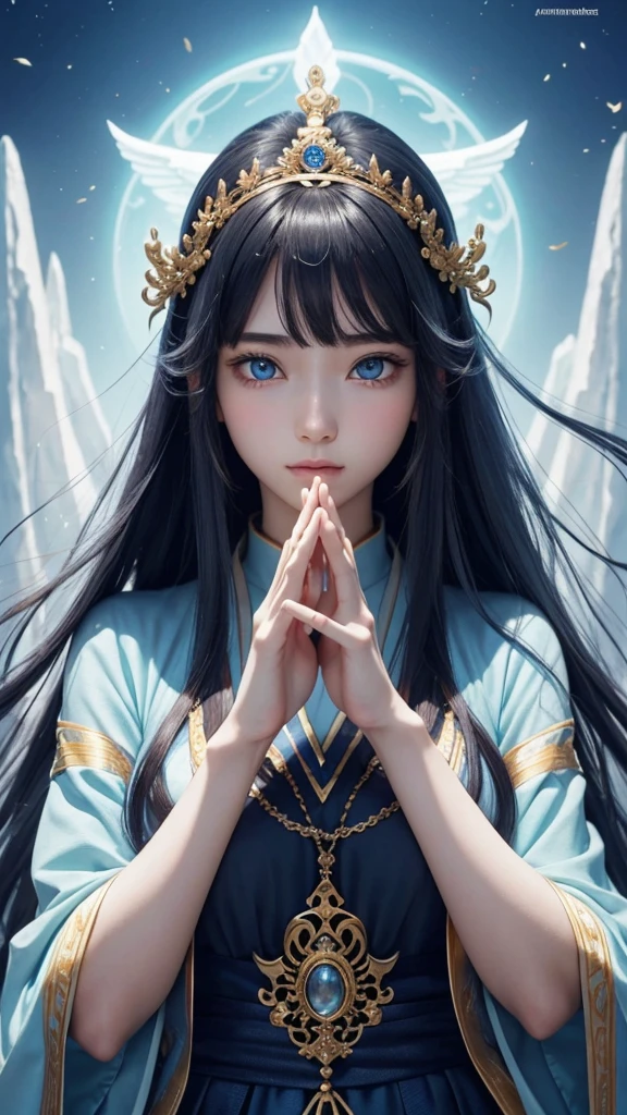 8K、Ultra HD、anime、（A very beautiful female character with beautiful features）、（（Beautiful clear blue eyes））、（（（The upper body is facing forward, looking at the camera）））、Beautiful long hair、Messy bangs、（（（Beautiful depiction of the upper body）））、（A depiction of beautifully formed human limbs）、（（（Beautiful long thin fingers）））、（（（Prayer Pose）））、（（Wearing mysterious clothes that shine pale blue））、（（Goddess temple background））、（（（I&#39;m directing my gaze here）））、