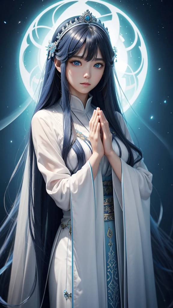 8K、Ultra HD、anime、(A very beautiful female character with beautiful features)、((Beautiful clear blue eyes))、(((The upper body is facing forward, looking at the camera)))、Beautiful long hair、Messy bangs、(((Beautiful depiction of the upper body)))、(A depiction of beautifully formed human limbs)、(((Beautiful long thin fingers)))、(((Prayer Pose)))、((Wearing mysterious clothes that shine pale blue))、((Goddess temple background))、(((I'm directing my gaze here)))、