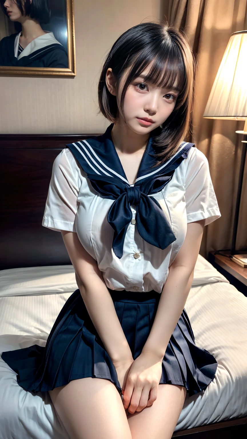 (8K, RAW Photos, Highest quality, masterpiece:1.2), (professional photography, full colors, studio-caliber color grading), (Gravure quality for high-end fashion magazines), BREAK,18 year old girl, short bob hair, crying a little, Harajuku style, Big Natural Color Lip, (Plumpy body:1 (smooth skin:1.1 (huge breasts:1.0 BREAK, Black Sailor Uniform, serafuku, Navy pleated skirt, (hotel room:1.1)