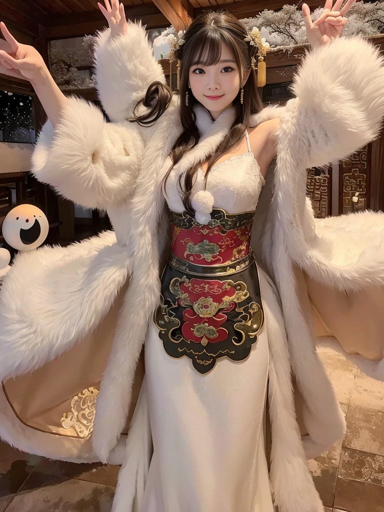 fluffyの毛皮。fluffy。((Gorgeous and antique Chinese dress))(smile)(((Pair of women、snow、night)))。Arms outstretched、Armpits。Photos of women in dresses。Brown fur cape。Fisheye Lenultiple women。